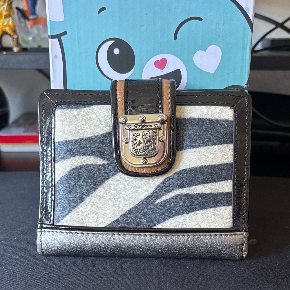 Brighton Black White Zebra-Print Leather Wallet with Metallic Trim